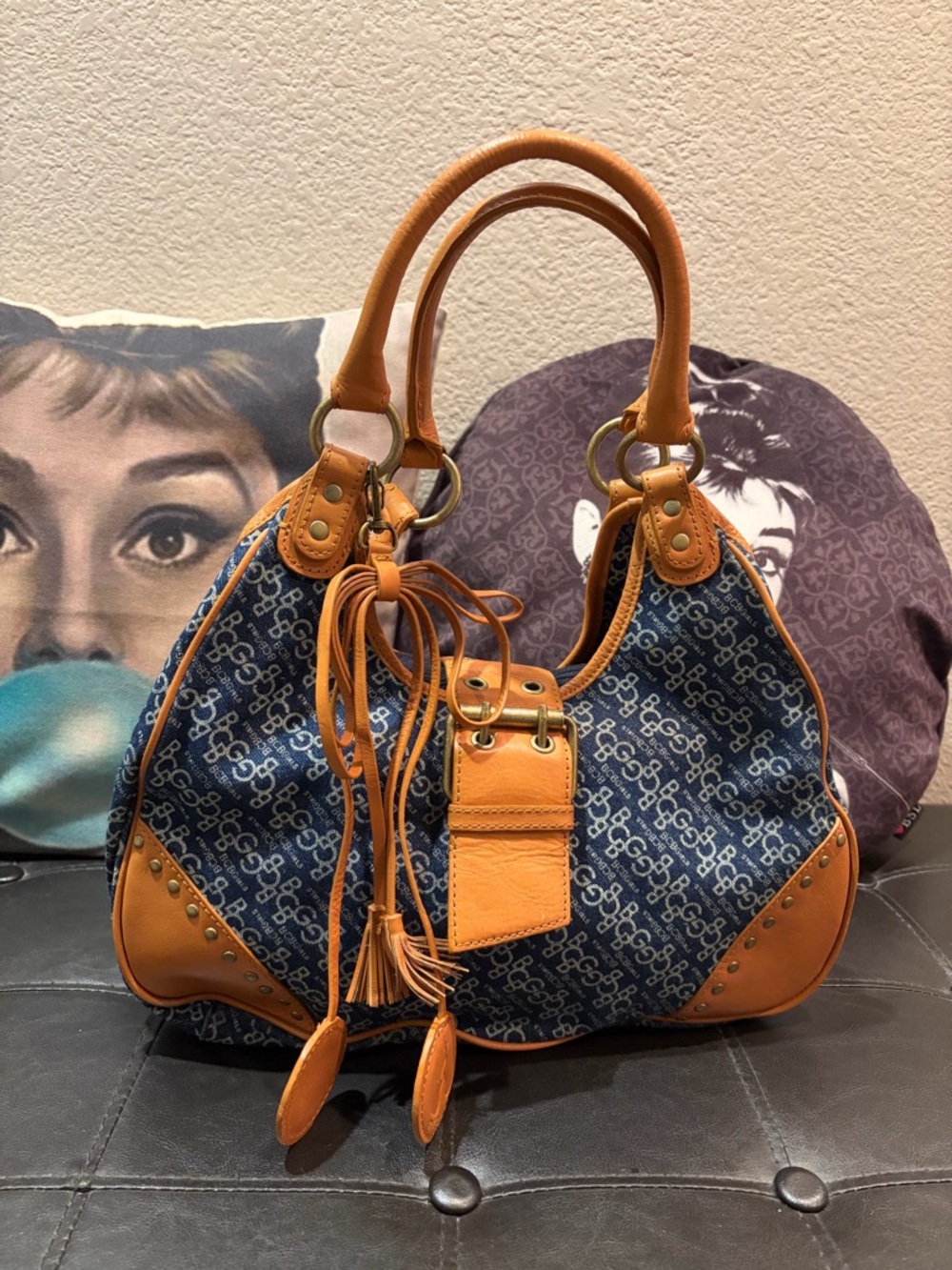 BCBGirls Monogram Hobo Bag with Tan Leather Trim